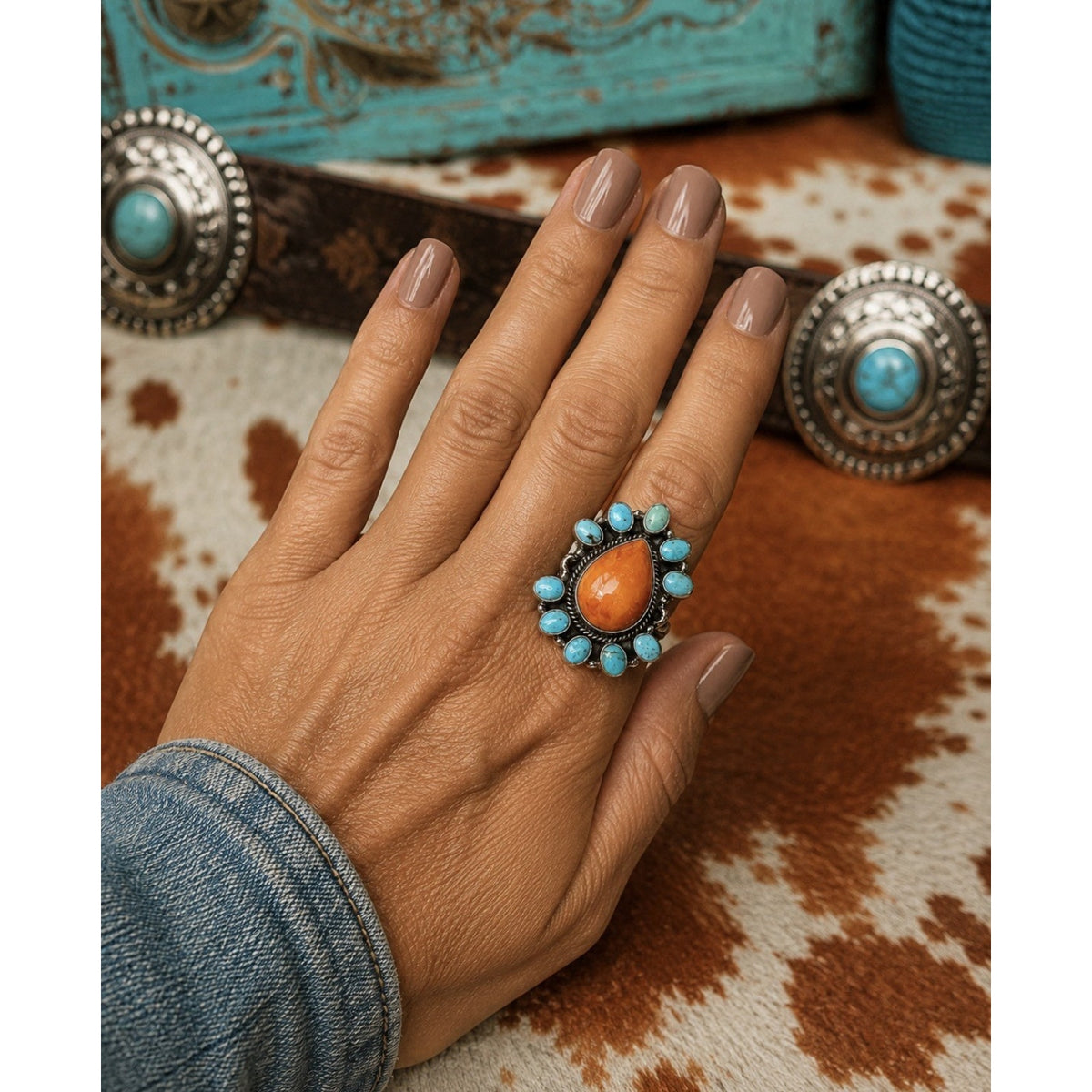 Kingman Turquoise With Large Orange Spiny Teardrop Set In Sterling Silver