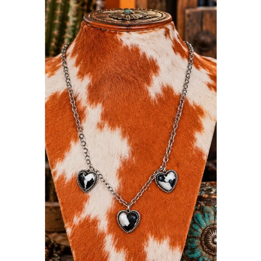 White Buffalo 3 Heart Necklace Sterling Silver Choker to 21” Chain