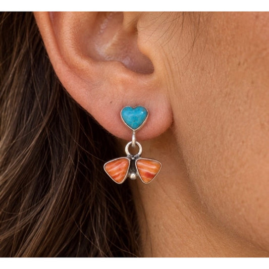 Kingman Turquoise Heart & Orange Spiny Oyster Triangle Drop Earrings – Sterling Silver