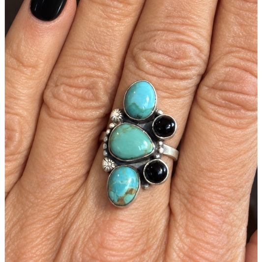 Heavy Sterling Silver Turquoise & Black Onyx Statement Ring Adjustable Size 7-9