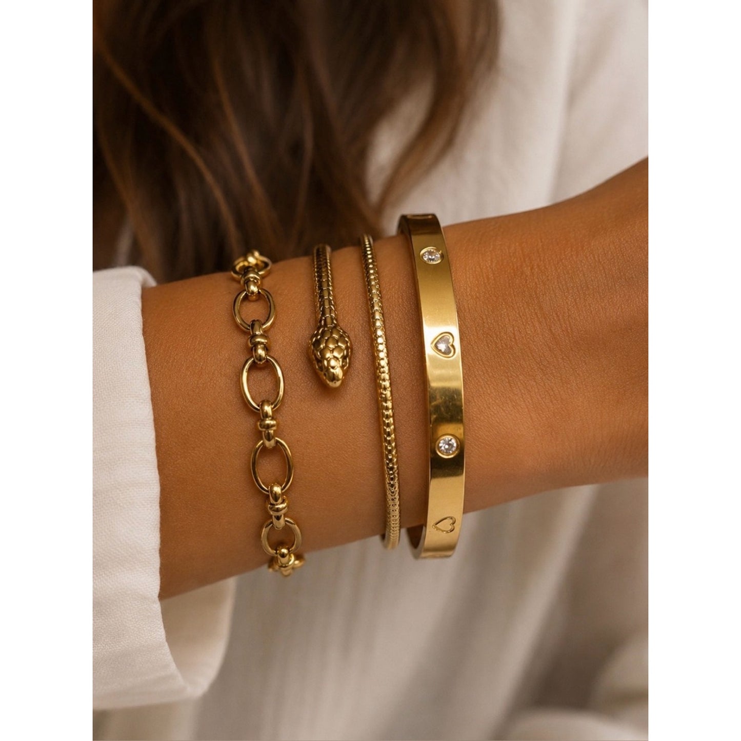 18k Gold Plated Water proof, Tarnish Free Three Bracelet Set with Heart Accent