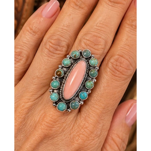 Number 8 Turquoise & Pink Conch Cluster Ring – Sterling Silver Western Style