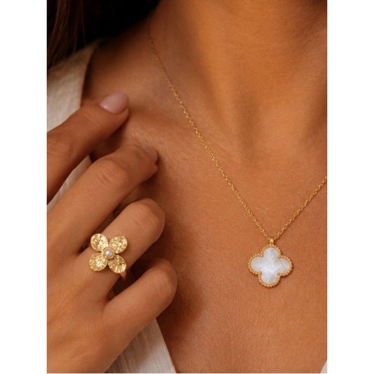 18k Gold Plated Clover Pendant With Gold Flower Ring Waterproof Tarnish Free