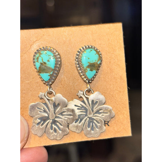 Sterling Silver Number 8 Turquoise Hibicus Flower Earings