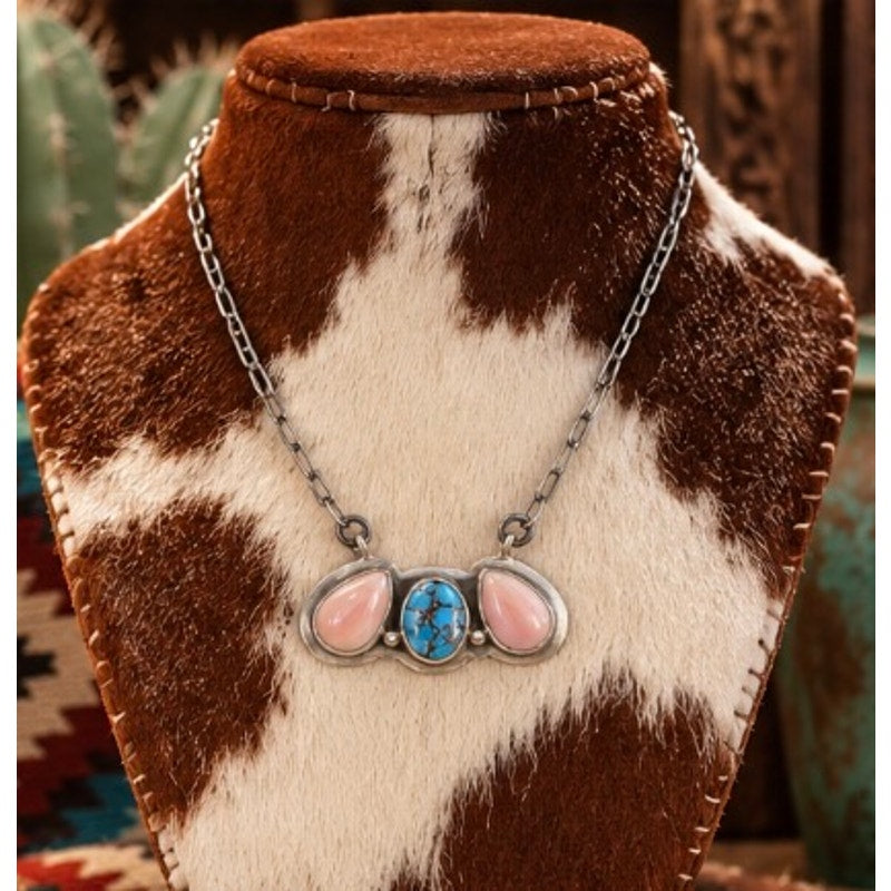Pink Conch & White Water Turquoise Bar Necklace – Sterling Silver, Adjustable 20" Paperclip Chain