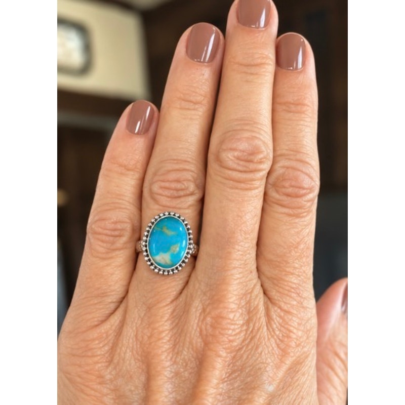 Kingman Turquoise Sterling Silver Western Ring Adj size 7-9
