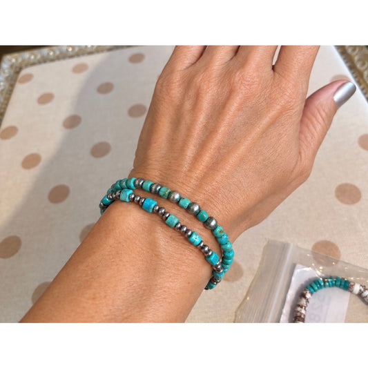 Kingman Turquoise Beaded Bracelets & Sterling Silver Pearl Beads.