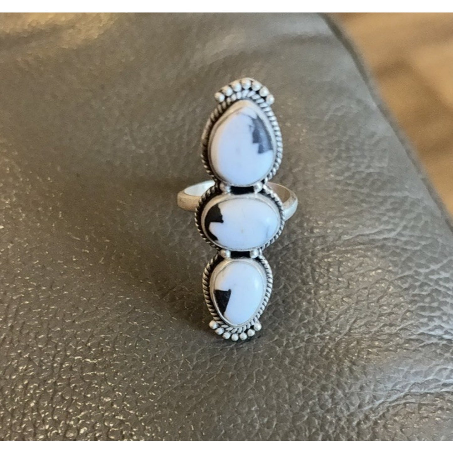 Turquoise White Buffalo Three Stone Southwestern Sterling Silver Ring sz 6-9