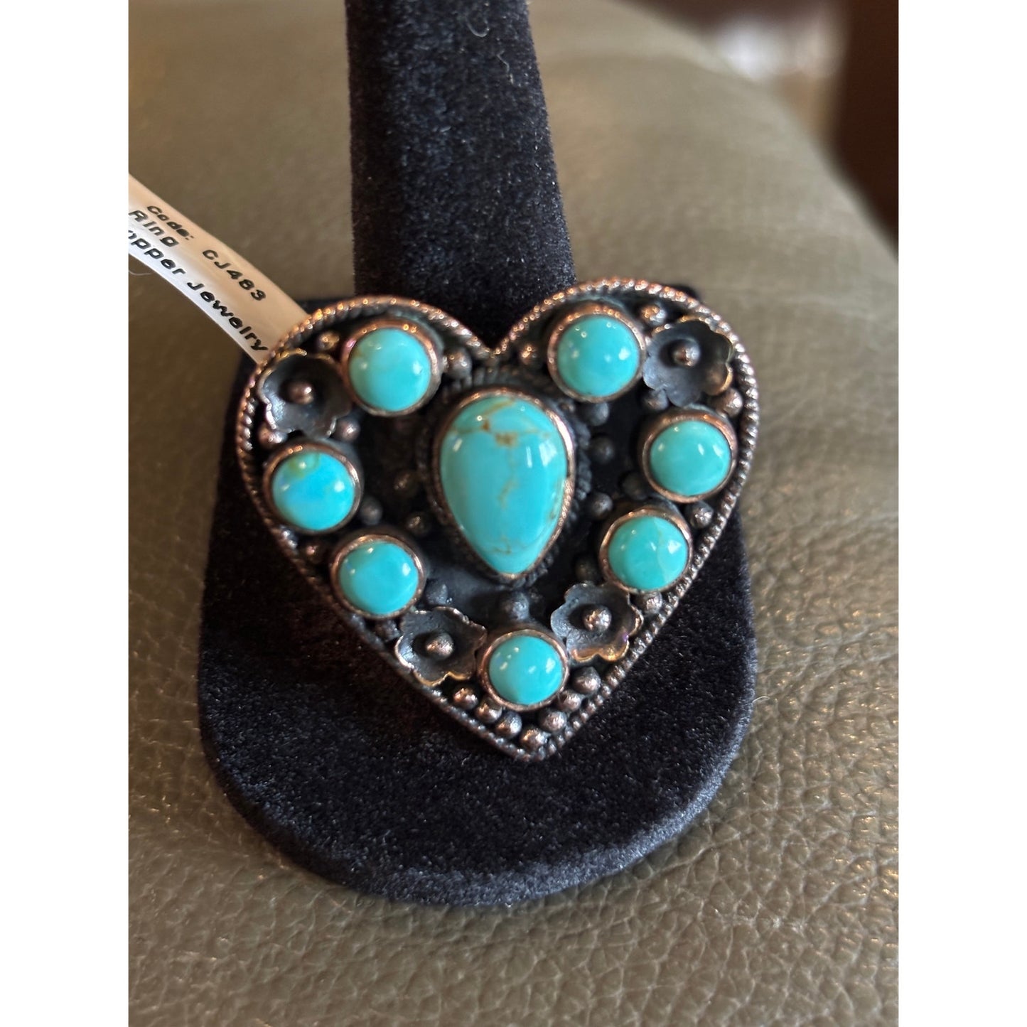 Kingman Mohave Turquoise Heart Cluster Sterling Silver Statement Ring