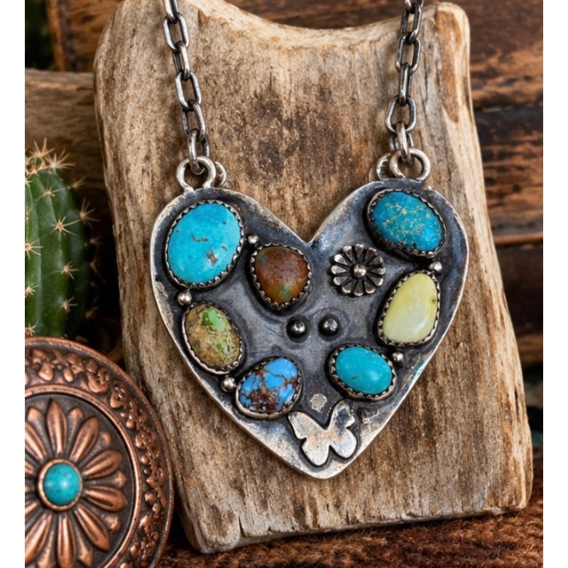 One of a Kind Multi-Turquoise Heart Necklace Sterling Silver 20"
