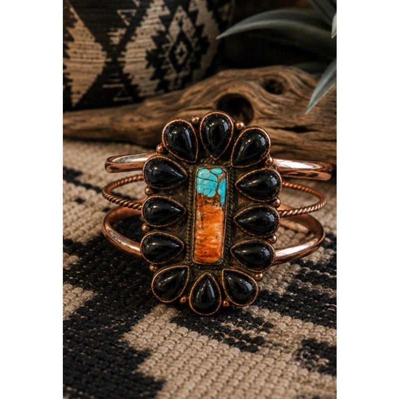 Copper Cuff w Turquoise Orange Spiny & Black Onyx Adjustable