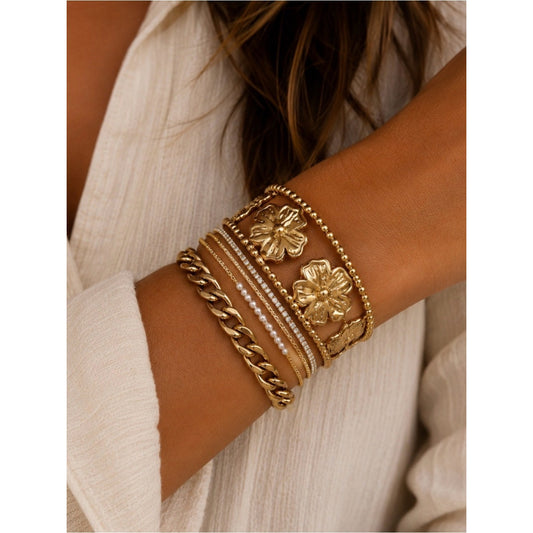 Gold Floral Stackable Bracelet Set - Women Jewelry