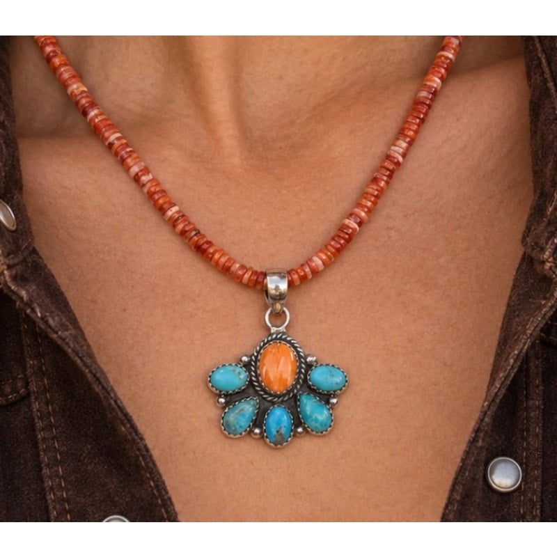 Mojave Turquoise & Orange Spiny Oyster Cluster Pendant Necklace | 16" Sterling Silver