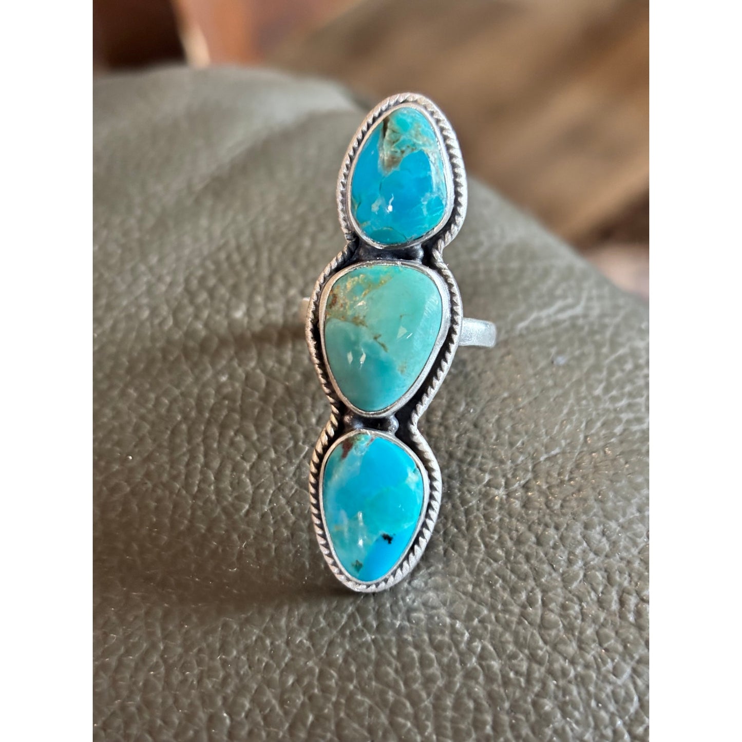Kingman Turquoise Vertical three stone ring in Sterling Sliver