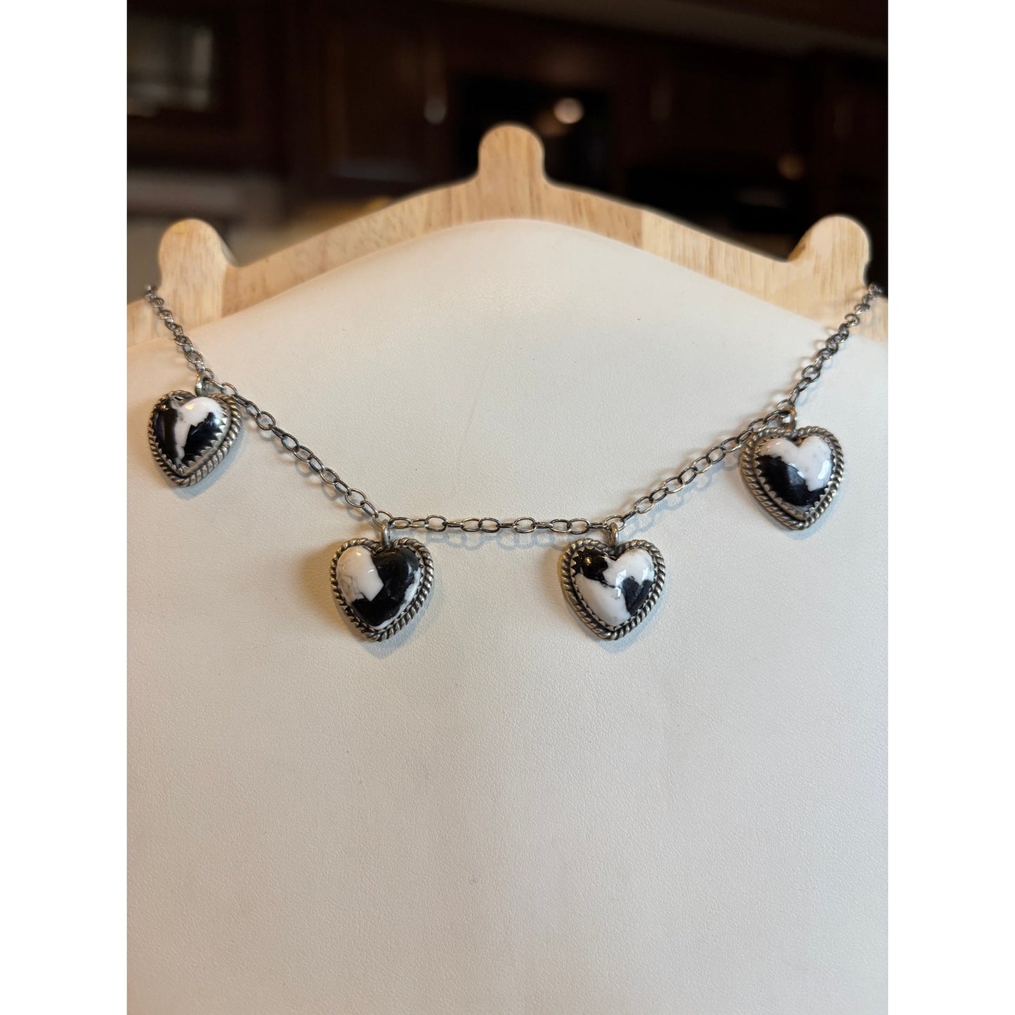 White Buffalo Turquoise Four Heart Necklace Sterling Silver  adjustable 20" Chain