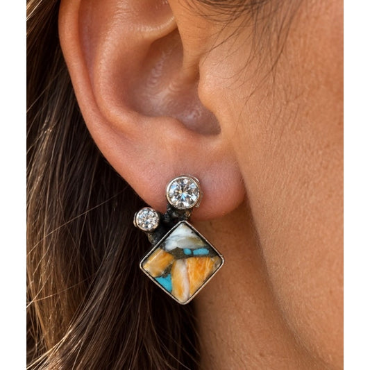 Orange Spiny Oyster & Turquoise Square-Cut Earrings with CZ Accents – Sterling Silver