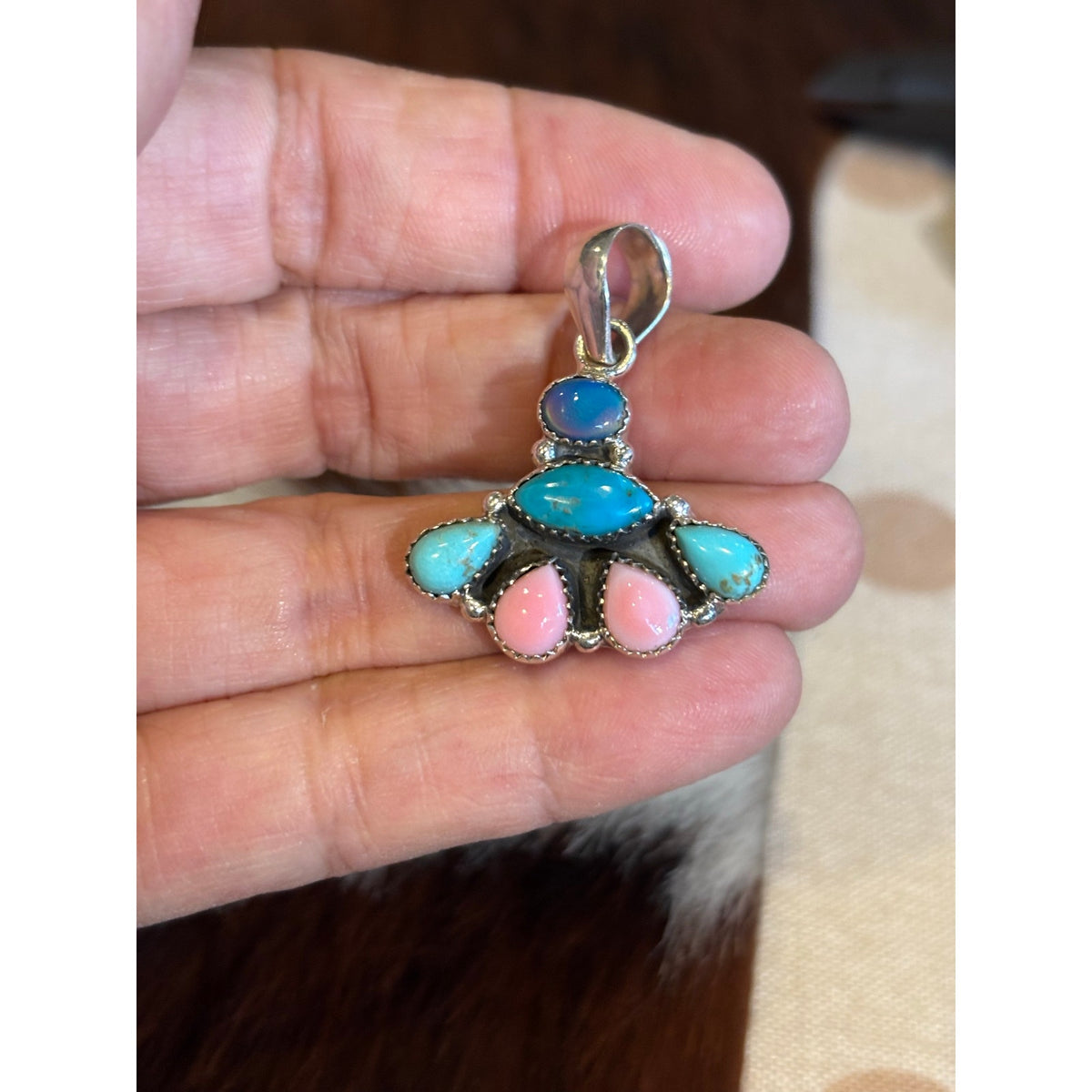Kingman Turquoise Blue Opal & Pink Conch Pendant 925 Silver