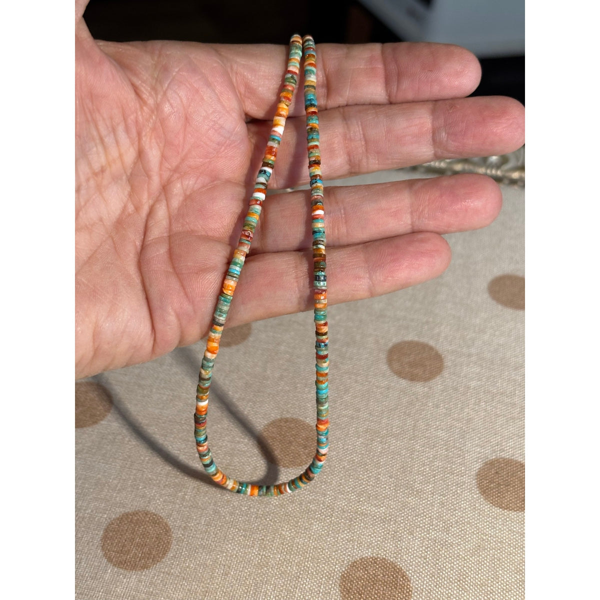 Spiny Orange and Turquoise Heishi Necklace 16”/ 3.3 mm Beads
