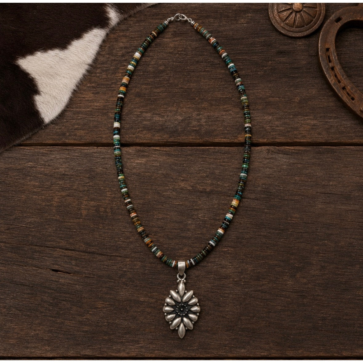 16" Spiny Oyster & Turquoise Heishi Necklace/ Concho Pendant