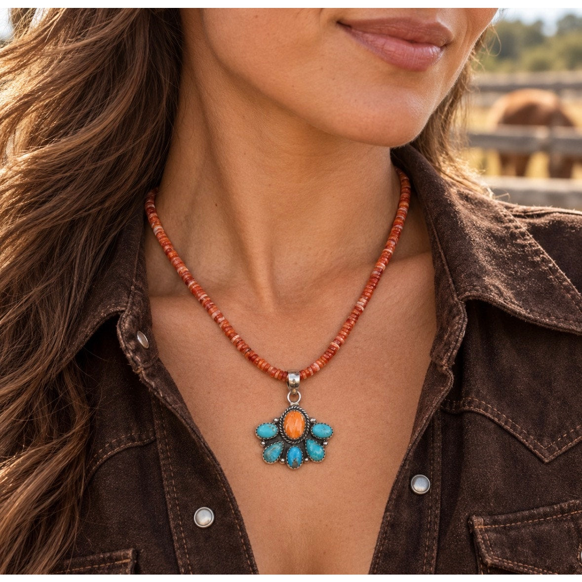 Mojave Turquoise & Orange Spiny Oyster Cluster Pendant Necklace | 16" Sterling Silver