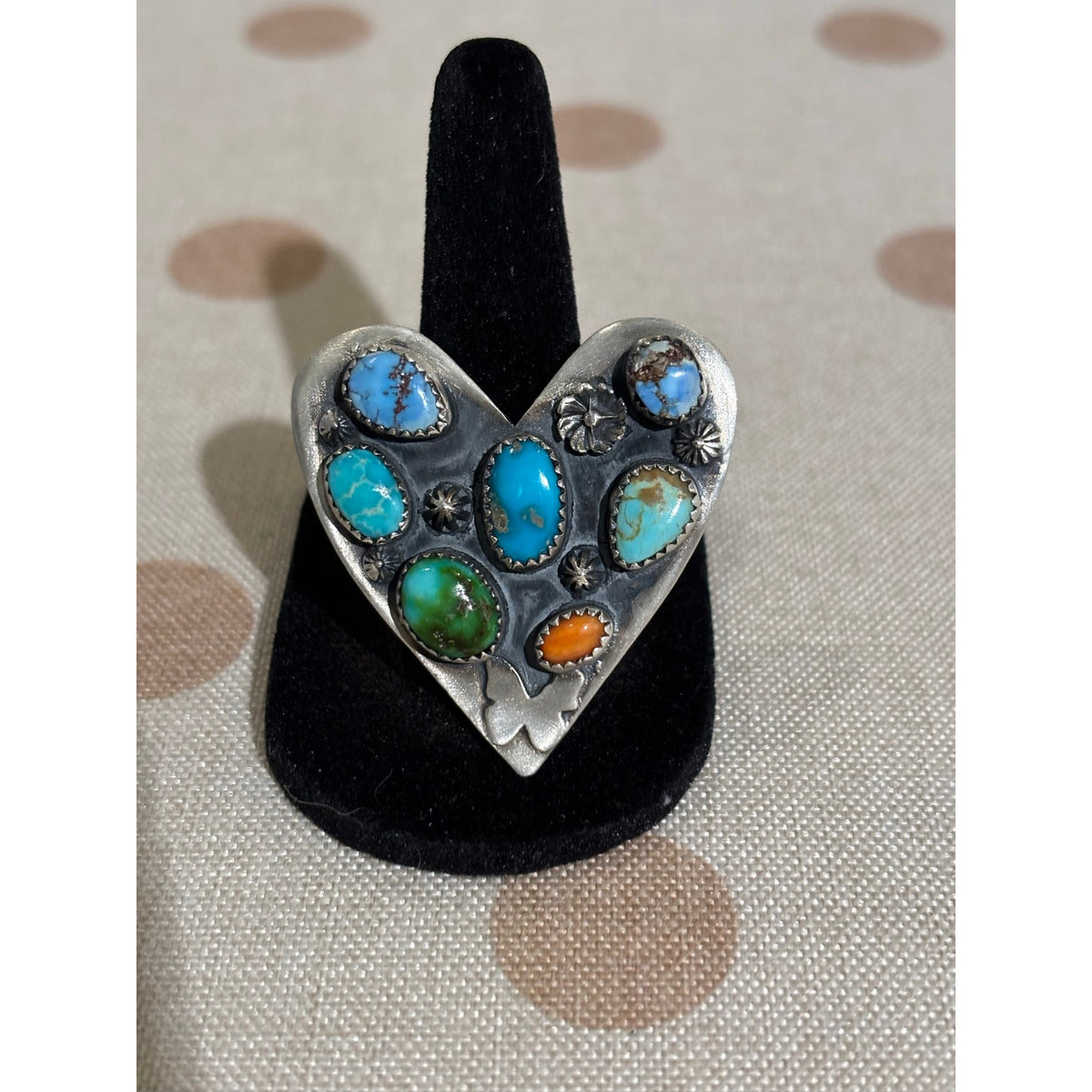 Unique Turquoise Heart Ring with Different Turquoise stone and Spiny Orange
