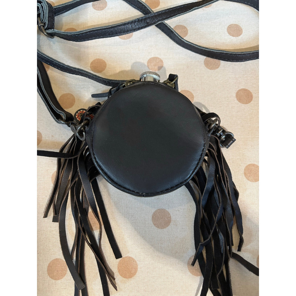 Handmade Cowhide Western 2 Shot Canteen Crossbody with Fringe & Conchos – 4 Inch