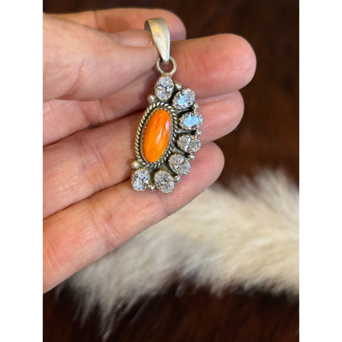 Orange Spiny Oyster & Cubic Zirconia Pendant Sterling Silver