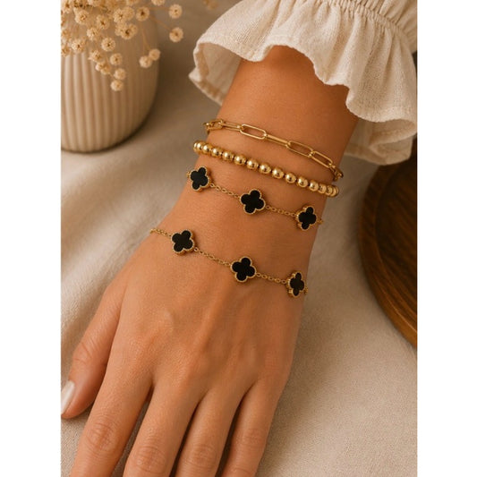 18k Gold Plated Bracelet Stack with Black Clover Charms