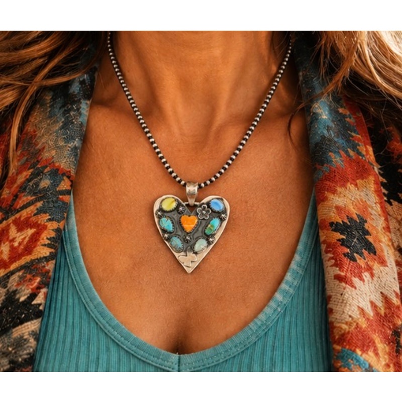 Heart in a Heart Turquoise Necklace 6 stones w Spiny orange