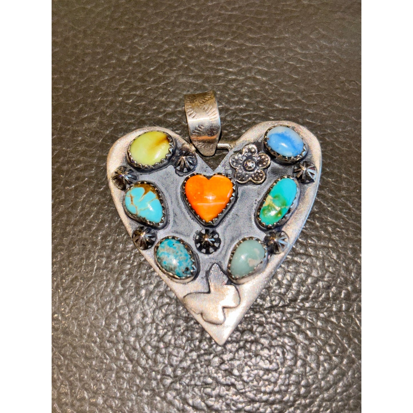 Heart in a Heart Turquoise Necklace 6 stones w Spiny orange
