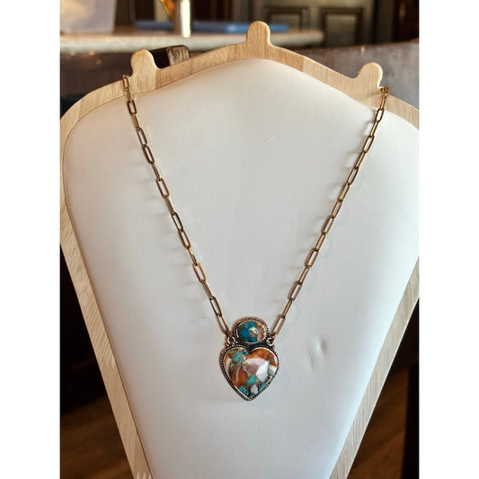 Mohave Turquoise & Spiny Oyster in Copper w Paper Clip Chain