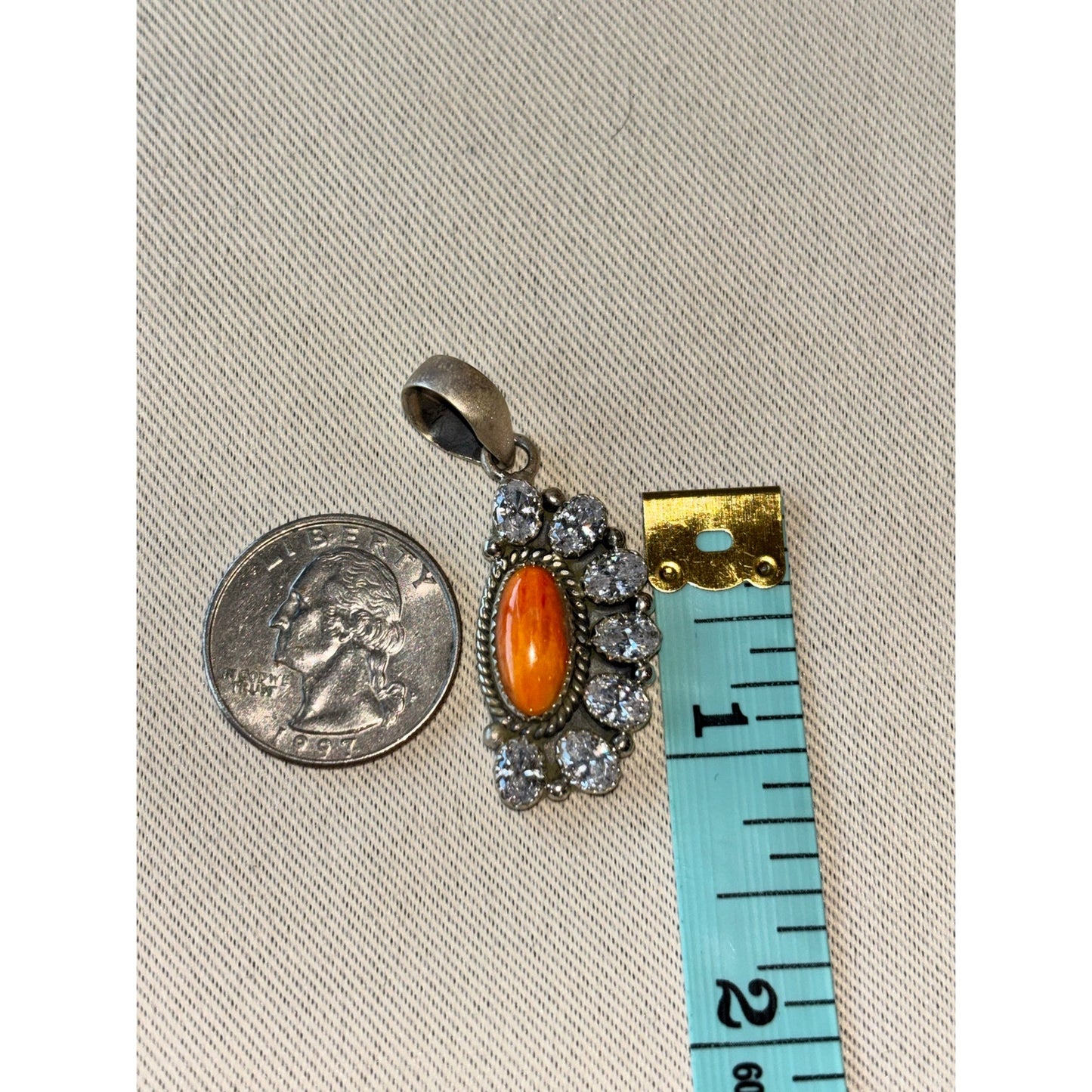 Orange Spidy Oyster with Cubic Zirconia set in Sterling Silver Pendant