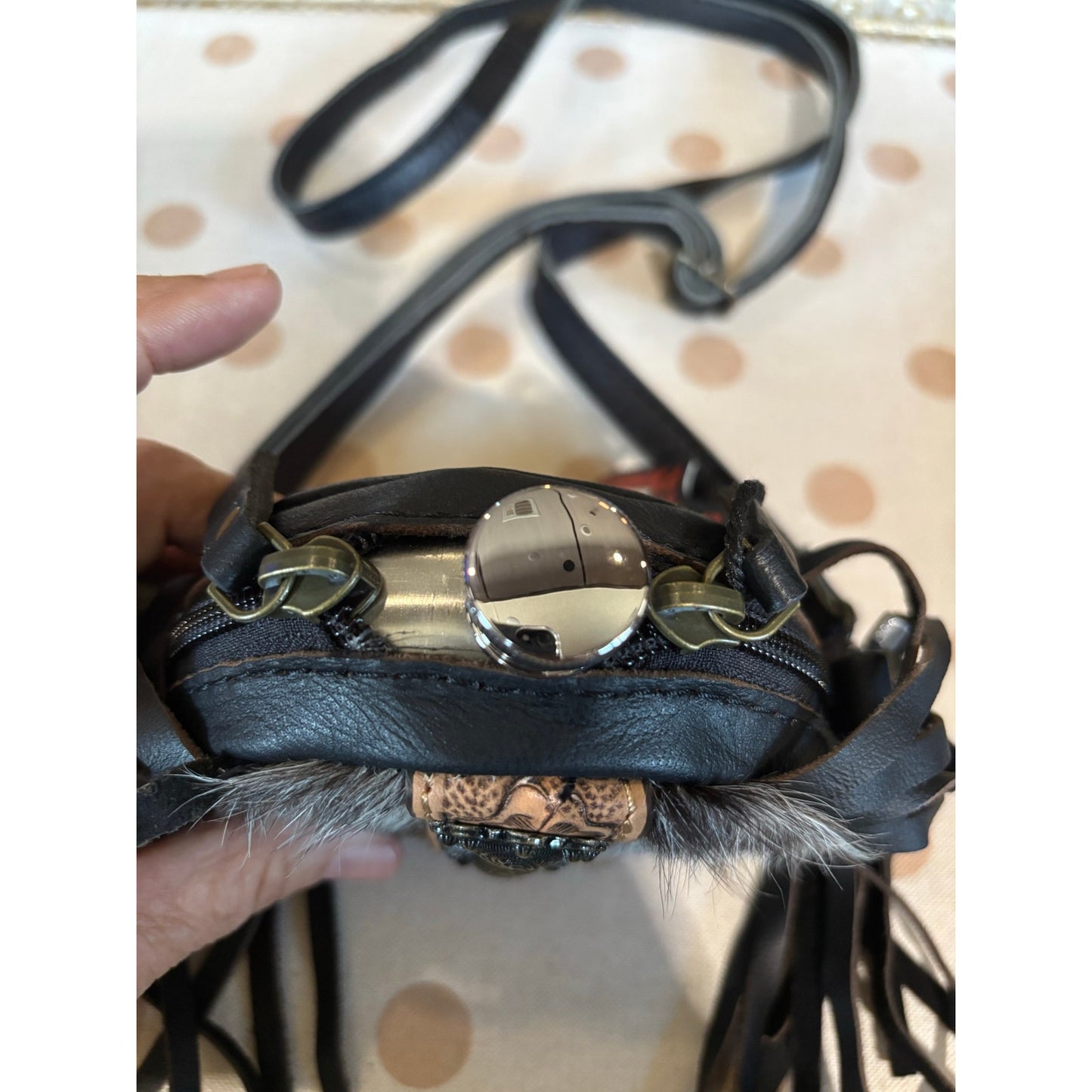 Handmade Long-Hair Cowhide Western Canteen Crossbody with Fringe – 4 Inch