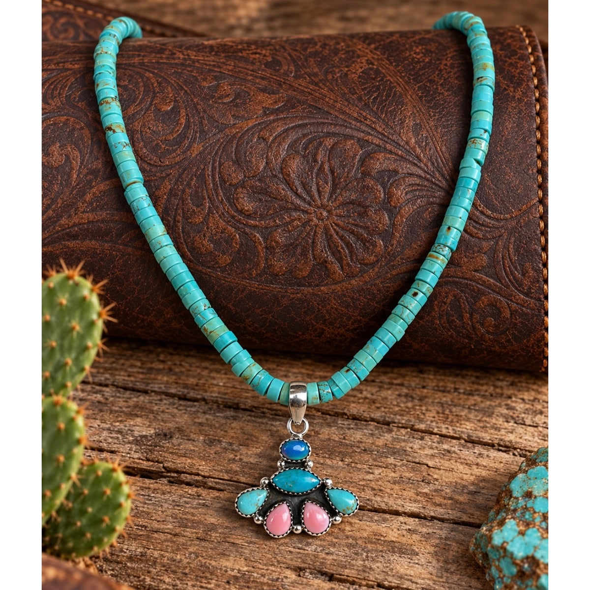 Kingman Turquoise, Pink Conch & Opal Heishi Necklace – 18"