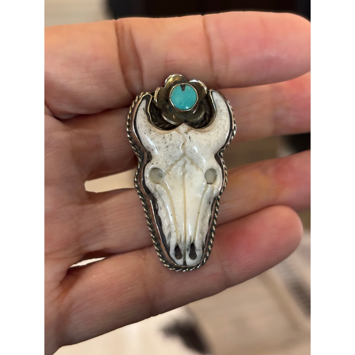 Mohave Turquoise and Bone Steer Head Western Ring