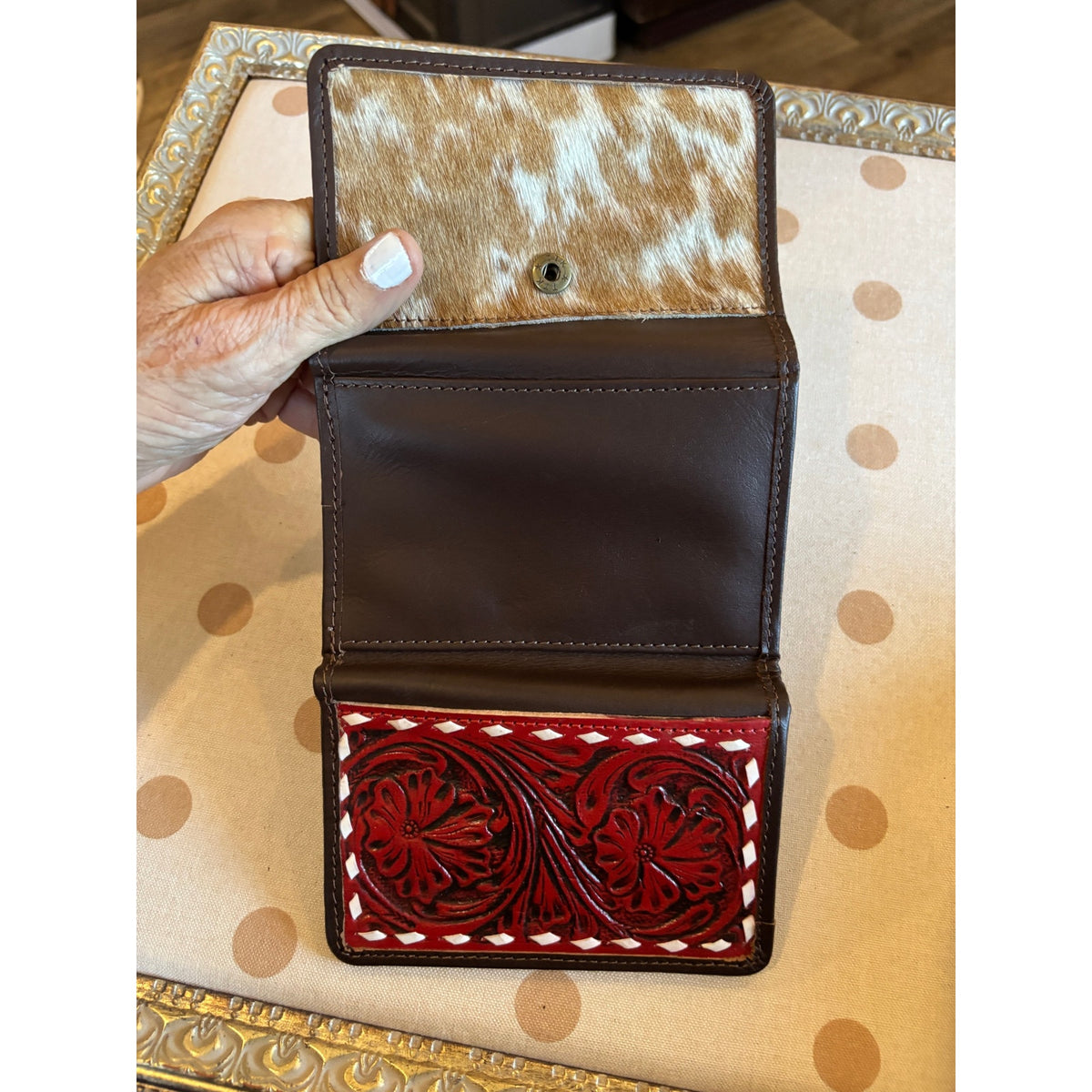 Leather Tooled Red Cowhide Three Fold Wallet