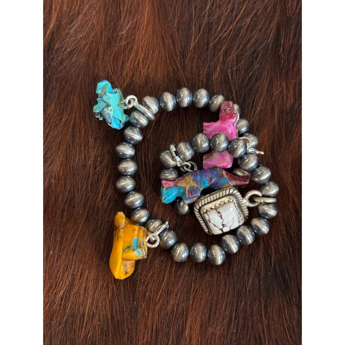 Sterling Silver Pearl Bead Bracelet with Hand-Carved Turquoise Charms – 5mm, 7 Inch