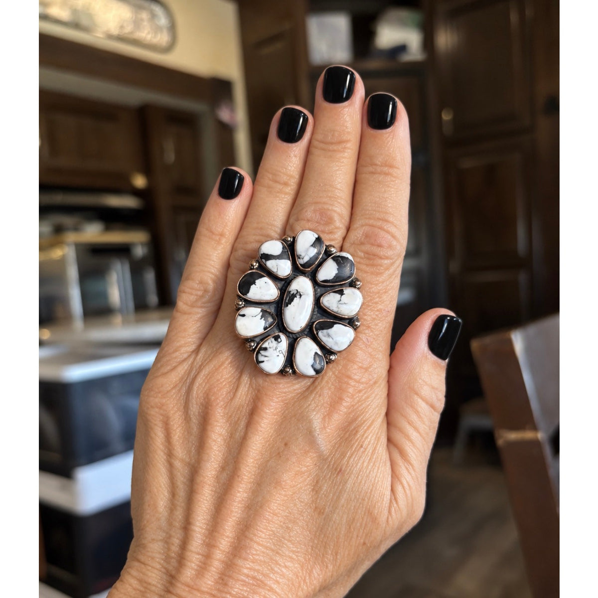 Big White Buffalo Turquoise Cluster Ring set in Copper