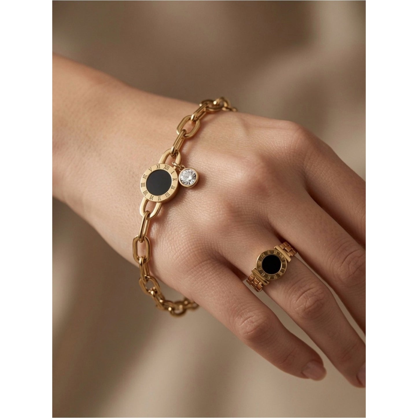 18k Gold Plated Water Proof Tarnish Free Black Circle Bracelet Ring Set