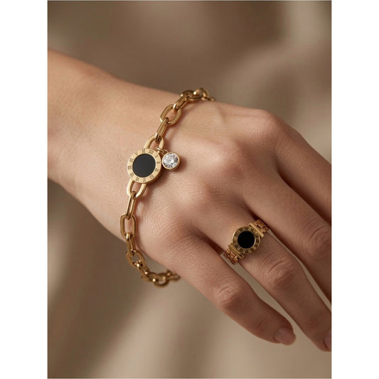 18k Gold Plated Water Proof Tarnish Free Black Circle Bracelet Ring Set