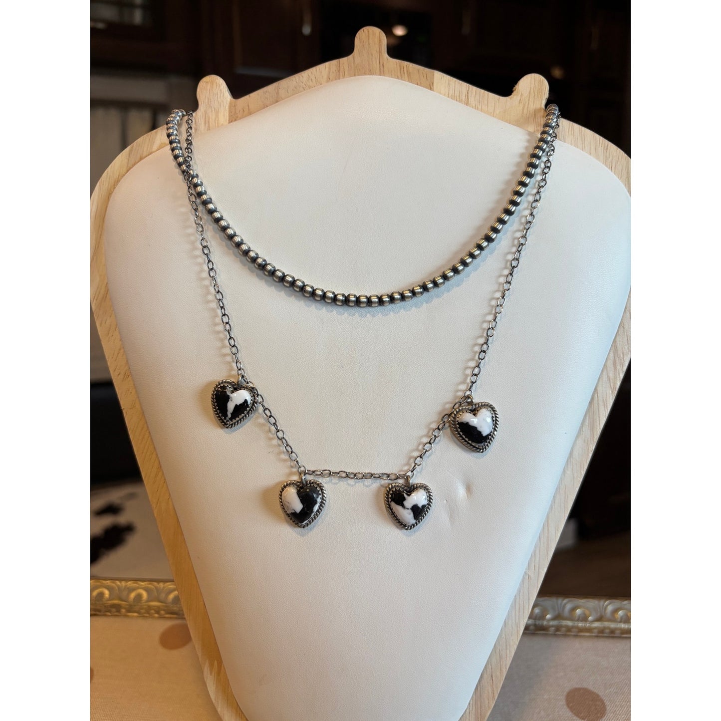 White Buffalo Turquoise Four Heart Necklace Sterling Silver  adjustable 20" Chain