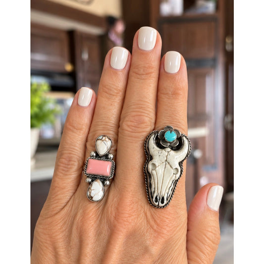 Pink Conch & Cotton Candy Turquoise 3-Stone Crawler Ring – Sterling Silver Adjustable
