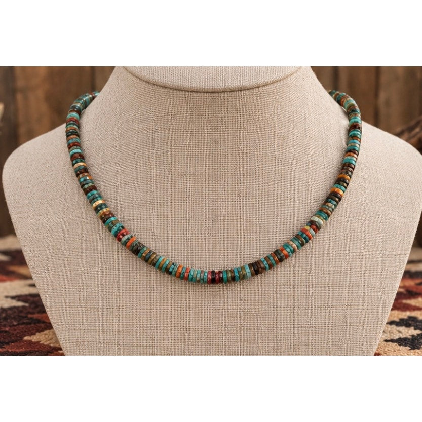 Southwestern Multicolor 16" 6mm Heishi Necklace | Turquoise, Orange Spiny Oyster & Shell Disc Bead Choker | Western Layering Necklace