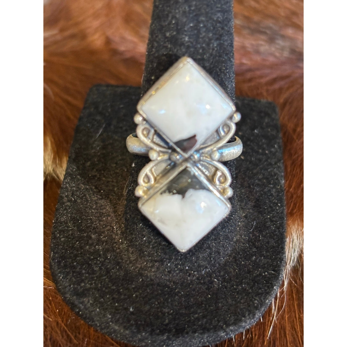 White Buffalo Two-Stone Runner Ring – Sterling Silver Western Adjustable Ring
