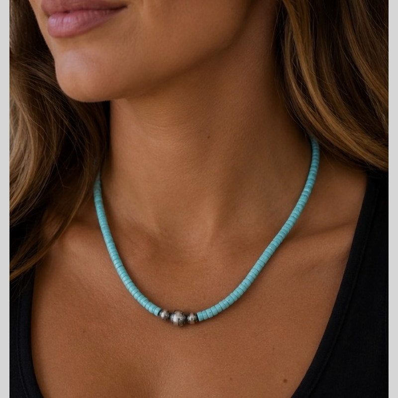 16” Turquoise Heishi Southwestern Necklace Sterling Silver