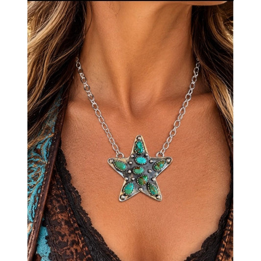 Kingman Turquoise Star Statement Necklace – Sterling Silver, 19" Paperclip Chain