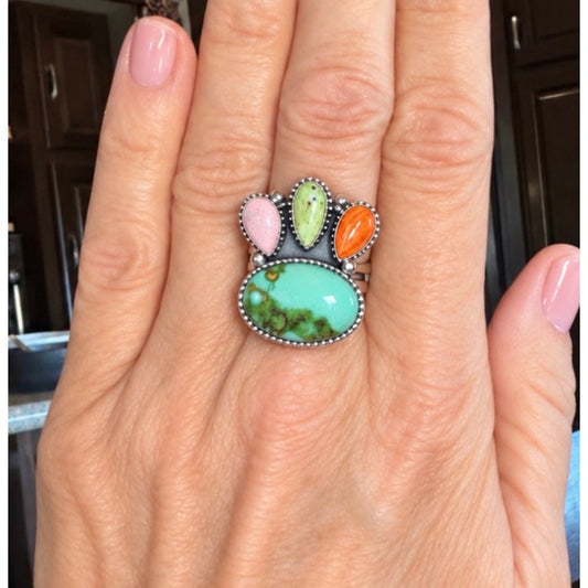 Sonoran Mountain & Paloma Turquoise Ring with Pink conch and Orange Spiny