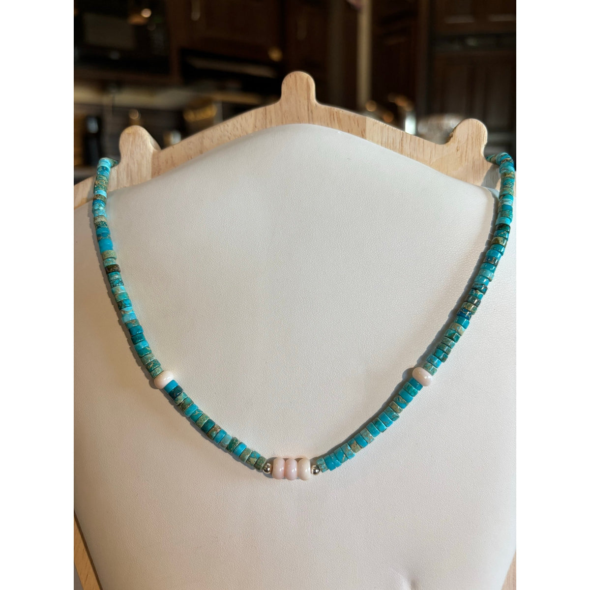 Turquoise| Jasper Heishi necklace with Pink Conch & Matching Earrings.