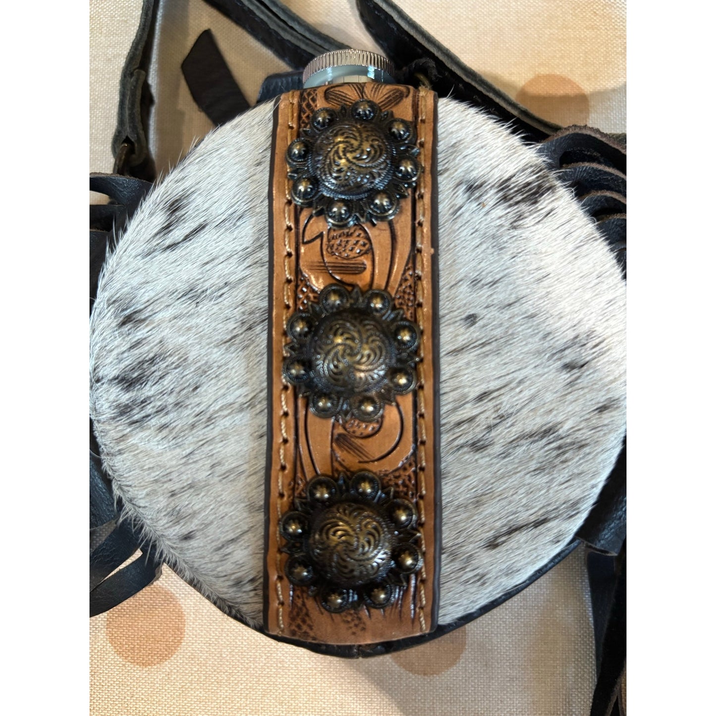 Handmade Cowhide Western Canteen Crossbody with Fringe & Conchos – 4 Inch