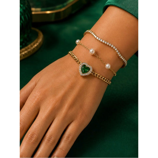 18k Gold Plated Water Proof Tarnish Free Gold Bracelets with Emerald Heart Charm